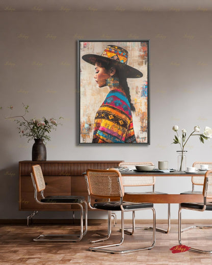 Salvadorian Wall Art Canvas Print, Latina Woman Portrait, Indigenous Textile Painting, Colorful Boho Decor, Framed Canvas Art, Cultural Gift