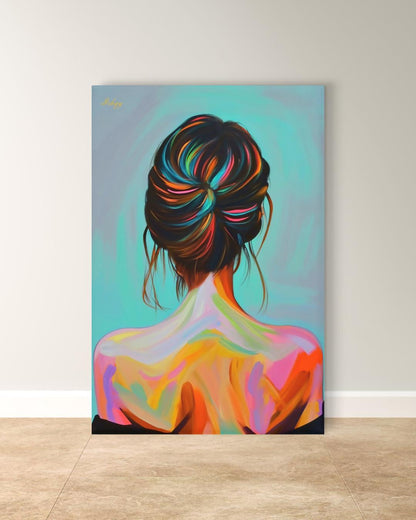 Colorful Woman Art Print, Modern Portrait Canvas, Back View Female Painting, Vibrant Wall Decor, Contemporary Home Artwork