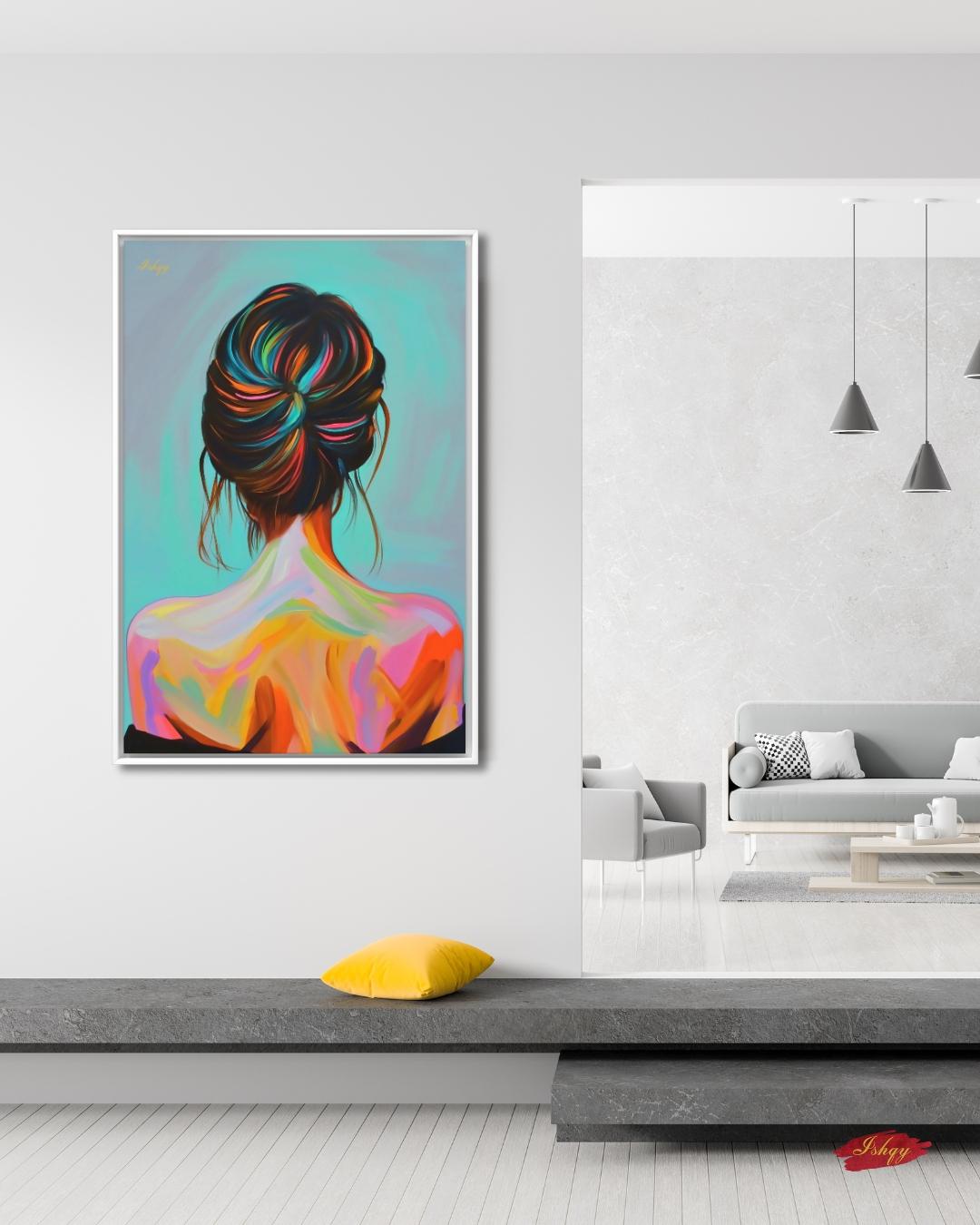 Colorful Woman Art Print, Modern Portrait Canvas, Back View Female Painting, Vibrant Wall Decor, Contemporary Home Artwork