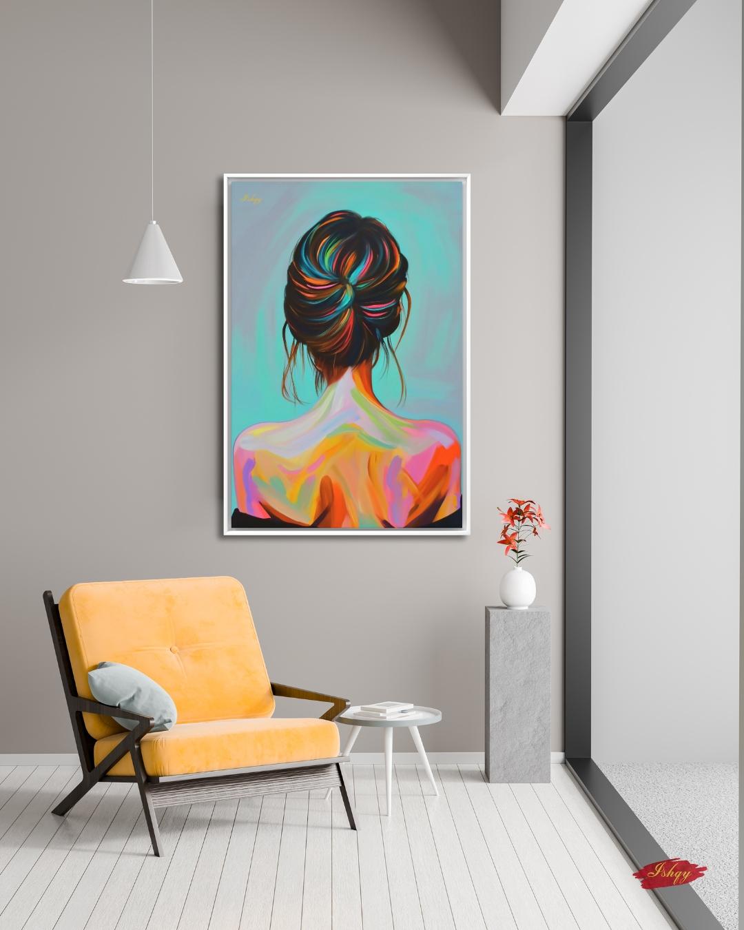 Colorful Woman Art Print, Modern Portrait Canvas, Back View Female Painting, Vibrant Wall Decor, Contemporary Home Artwork