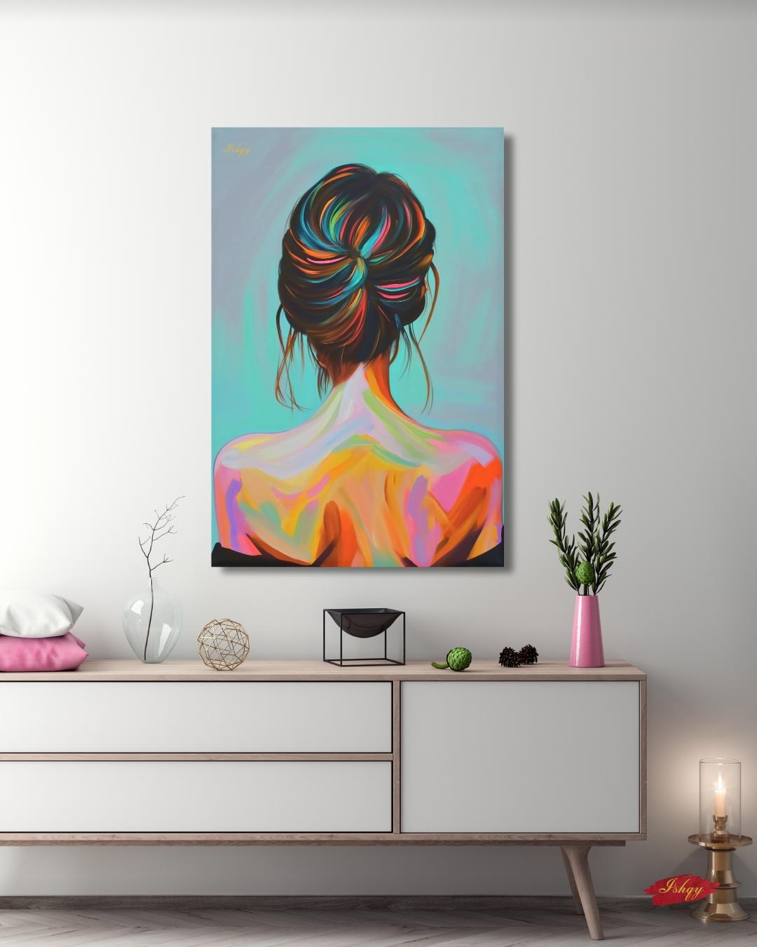 Colorful Woman Art Print, Modern Portrait Canvas, Back View Female Painting, Vibrant Wall Decor, Contemporary Home Artwork