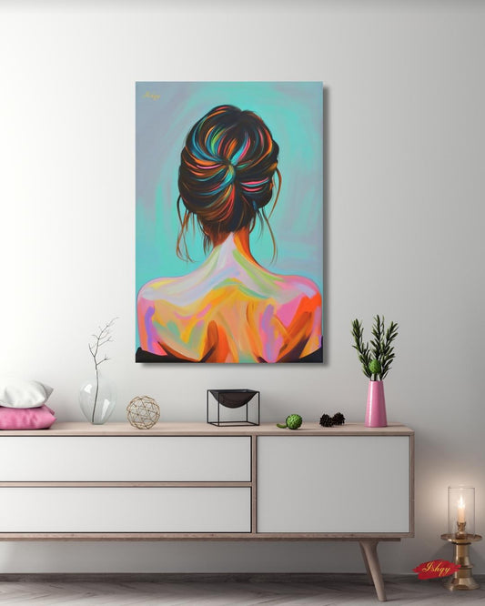 Colorful Woman Art Print, Modern Portrait Canvas, Back View Female Painting, Vibrant Wall Decor, Contemporary Home Artwork