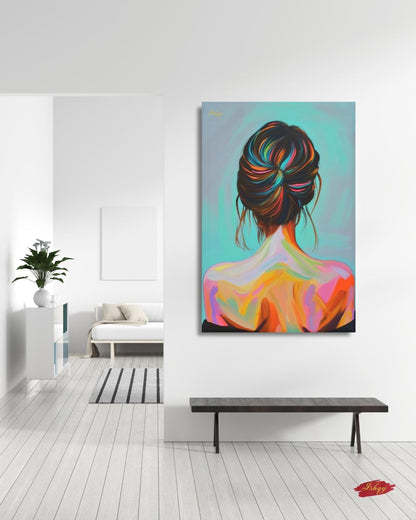 Colorful Woman Art Print, Modern Portrait Canvas, Back View Female Painting, Vibrant Wall Decor, Contemporary Home Artwork