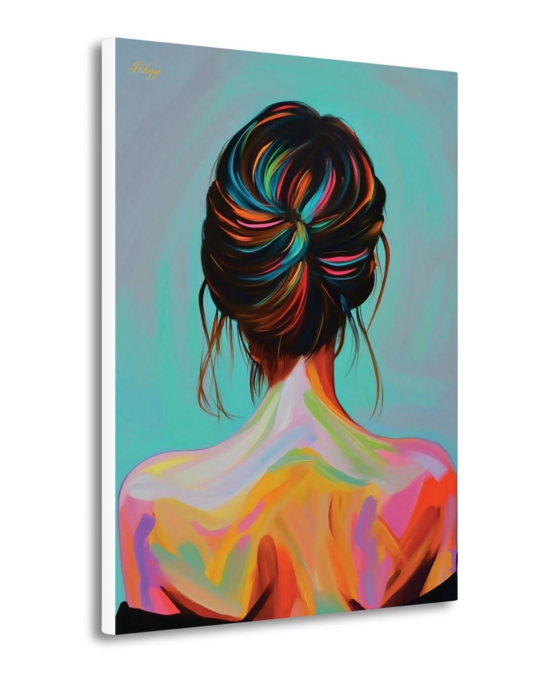 Colorful Woman Art Print, Modern Portrait Canvas, Back View Female Painting, Vibrant Wall Decor, Contemporary Home Artwork