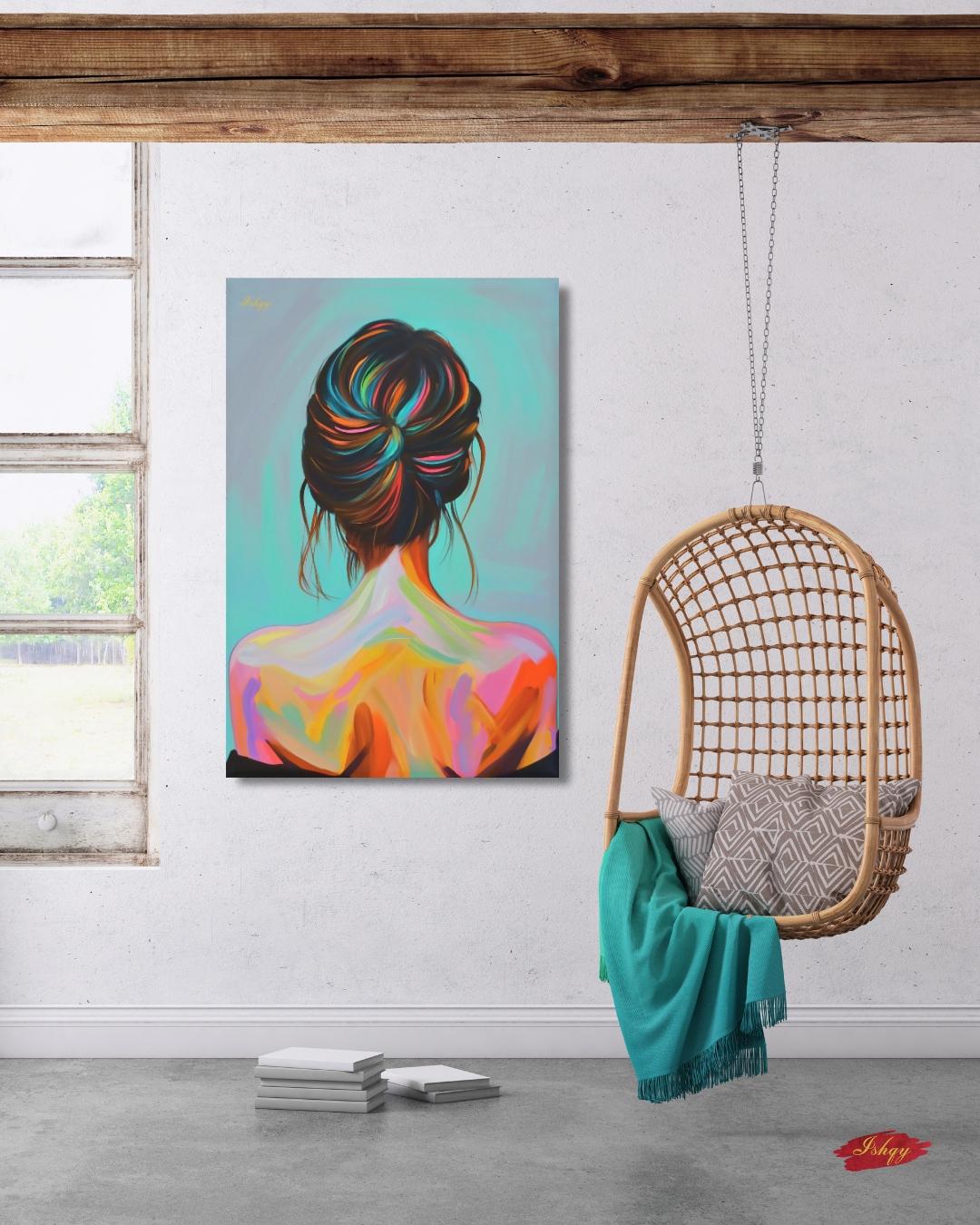 Colorful Woman Art Print, Modern Portrait Canvas, Back View Female Painting, Vibrant Wall Decor, Contemporary Home Artwork