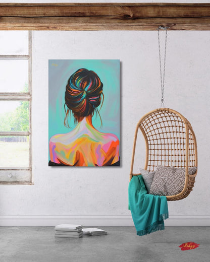 Colorful Woman Art Print, Modern Portrait Canvas, Back View Female Painting, Vibrant Wall Decor, Contemporary Home Artwork