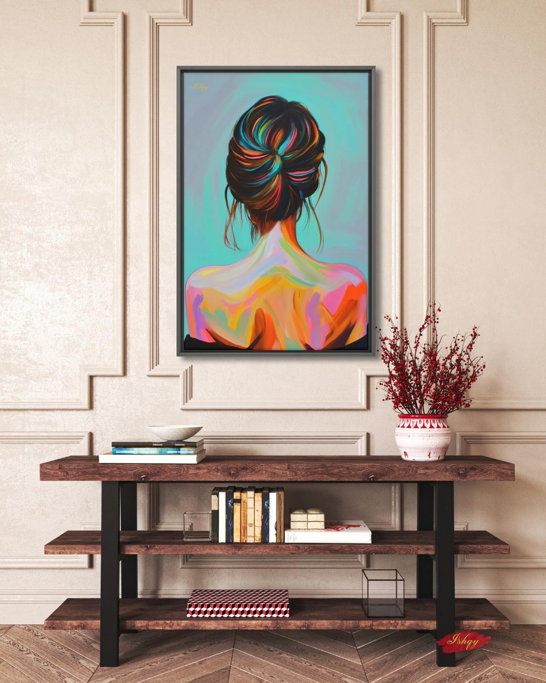 Colorful Woman Art Print, Modern Portrait Canvas, Back View Female Painting, Vibrant Wall Decor, Contemporary Home Artwork
