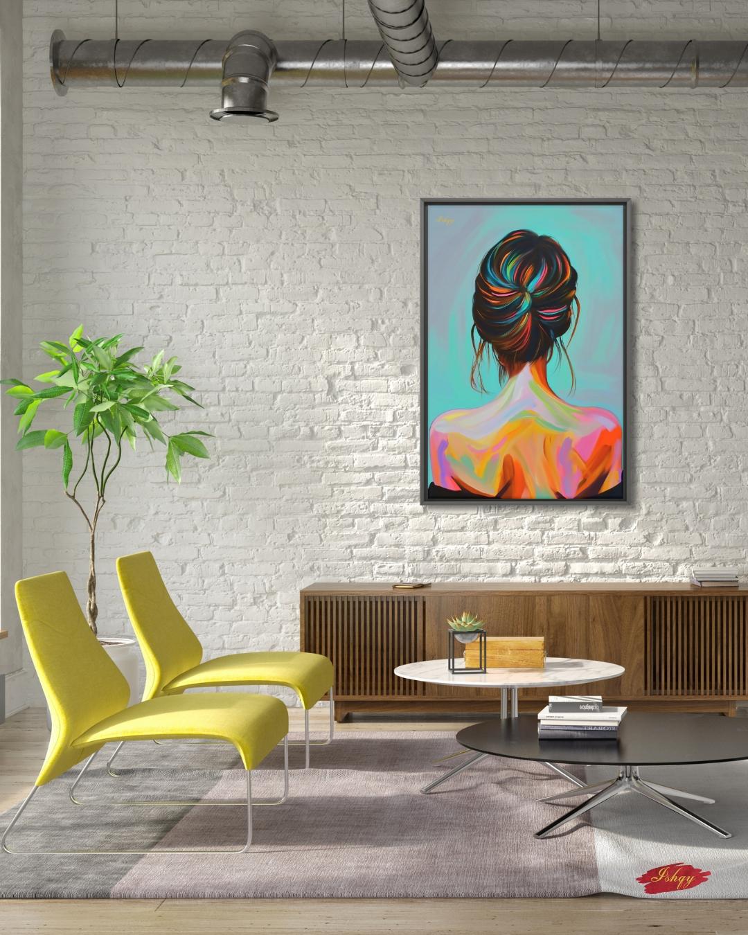 Colorful Woman Art Print, Modern Portrait Canvas, Back View Female Painting, Vibrant Wall Decor, Contemporary Home Artwork