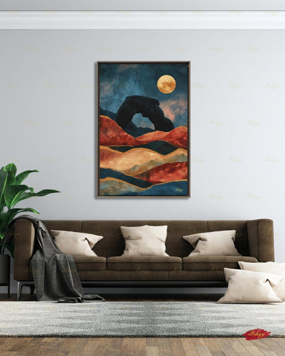 Arches National Park, Moab Desert Moon Painting, Southwest Wall Art, Mid Century Canvas Wall Art, Framed Canvas Print, Extra Large Oversized