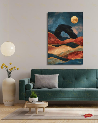 Arches National Park, Moab Desert Moon Painting, Southwest Wall Art, Mid Century Canvas Wall Art, Framed Canvas Print, Extra Large Oversized
