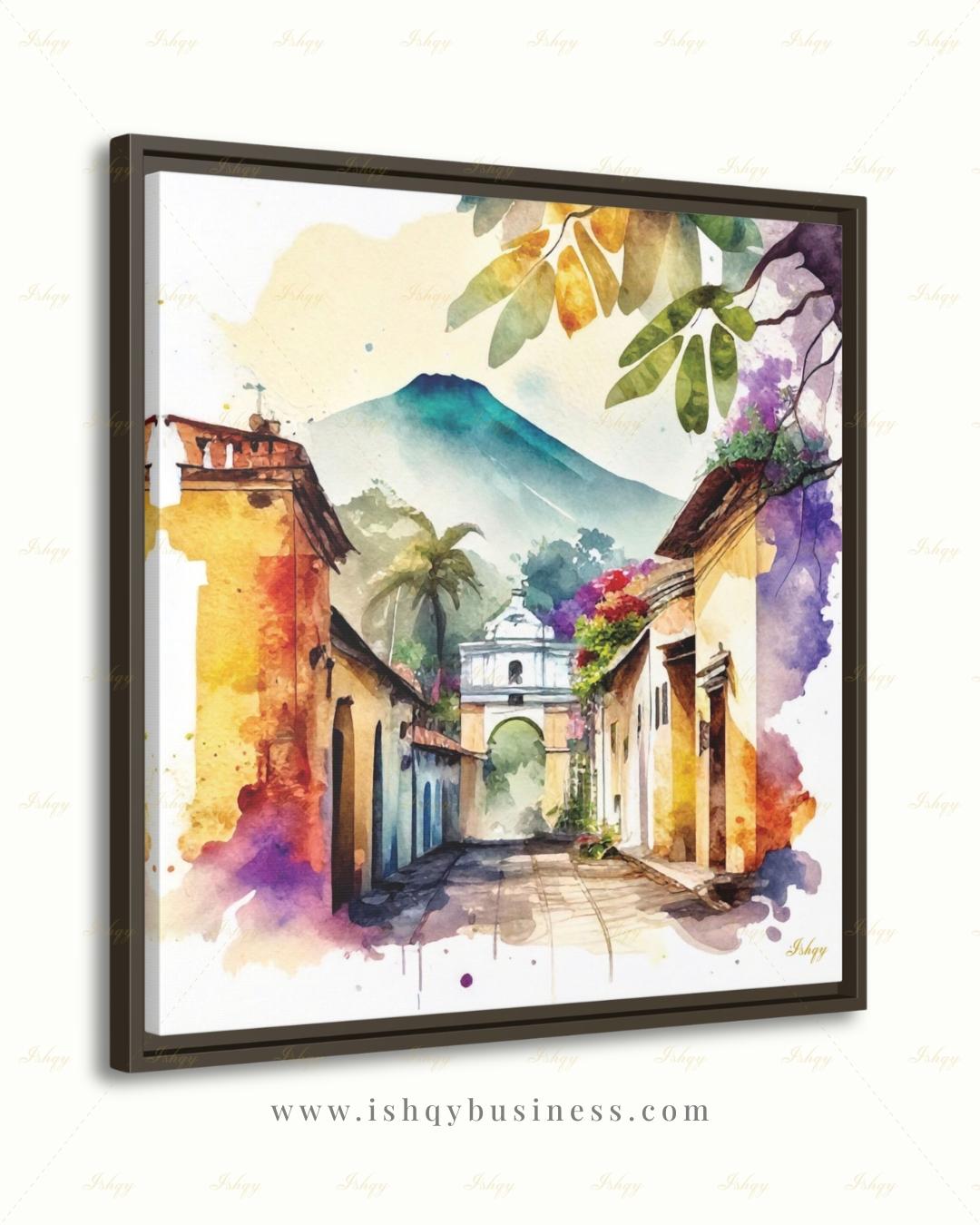 Antigua Guatemala Watercolor Canvas Wall Art, Santa Catalina Arch Framed Canvas Print, Central America Travel Painting, Living Room Decor