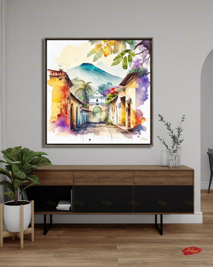Antigua Guatemala Watercolor Canvas Wall Art, Santa Catalina Arch Framed Canvas Print, Central America Travel Painting, Living Room Decor