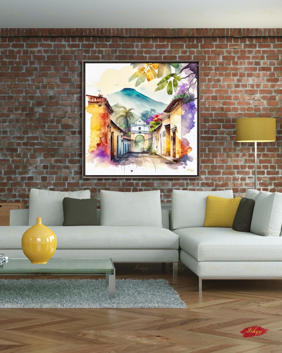 Antigua Guatemala Watercolor Canvas Wall Art, Santa Catalina Arch Framed Canvas Print, Central America Travel Painting, Living Room Decor