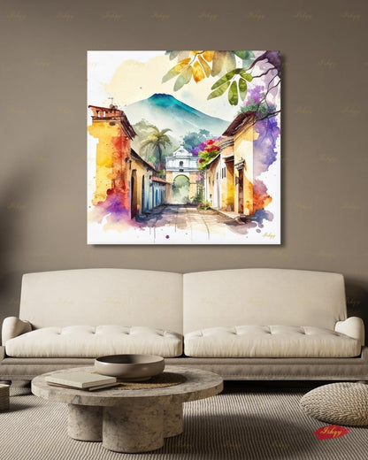 Antigua Guatemala Watercolor Canvas Wall Art, Santa Catalina Arch Framed Canvas Print, Central America Travel Painting, Living Room Decor