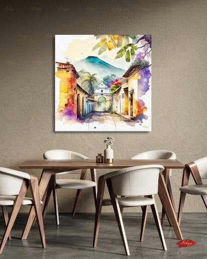 Antigua Guatemala Watercolor Canvas Wall Art, Santa Catalina Arch Framed Canvas Print, Central America Travel Painting, Living Room Decor