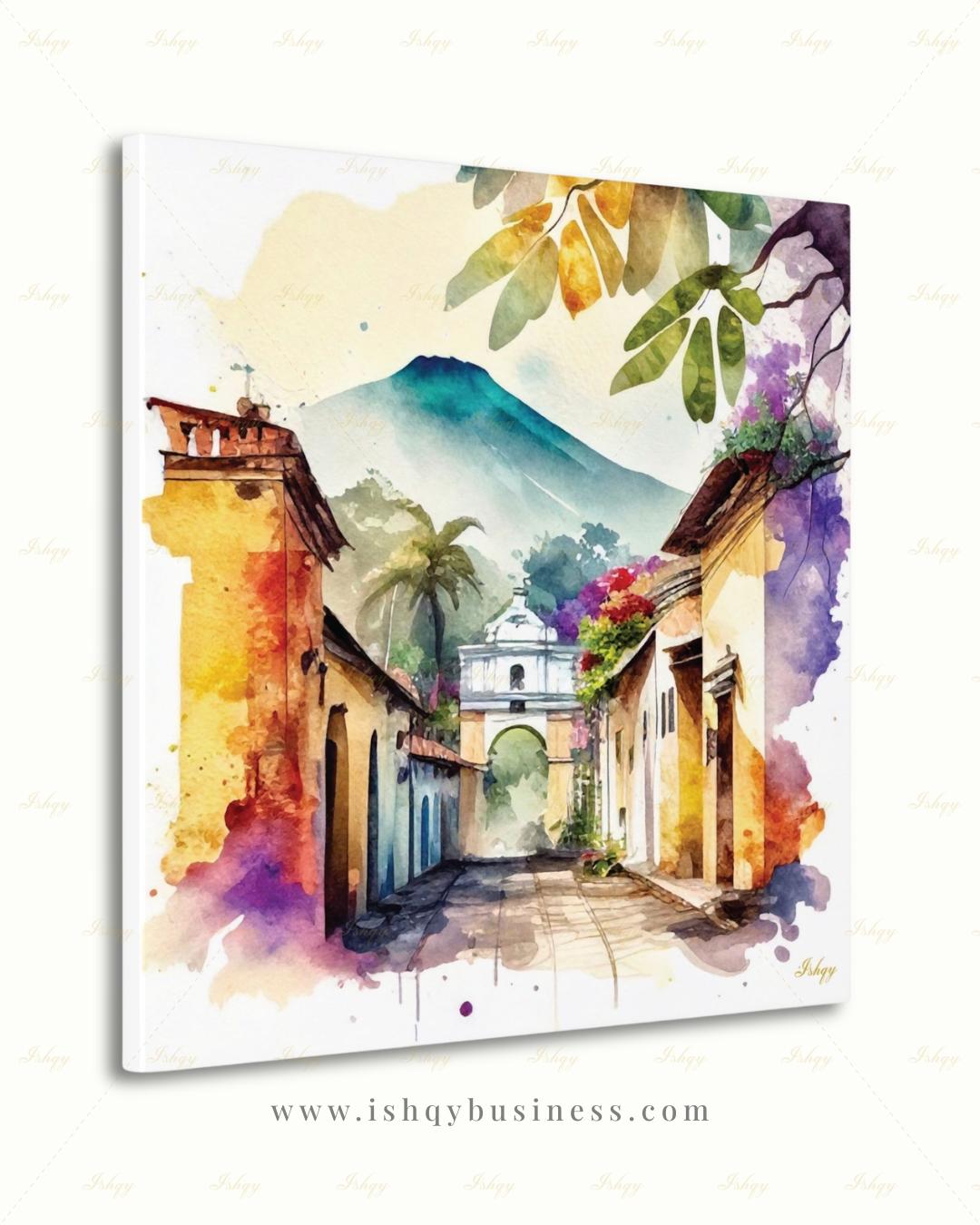 Antigua Guatemala Watercolor Canvas Wall Art, Santa Catalina Arch Framed Canvas Print, Central America Travel Painting, Living Room Decor
