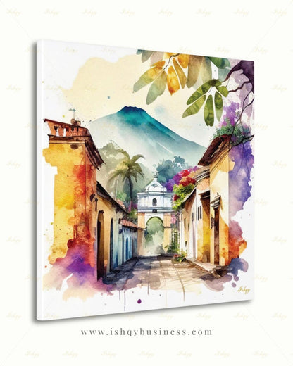 Antigua Guatemala Watercolor Canvas Wall Art, Santa Catalina Arch Framed Canvas Print, Central America Travel Painting, Living Room Decor
