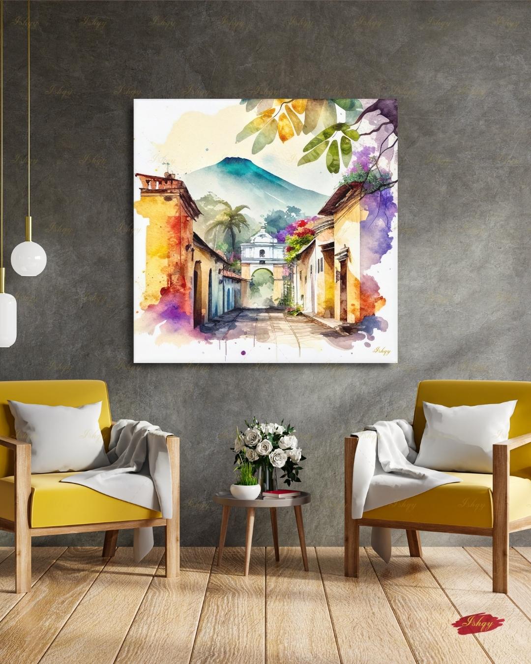 Antigua Guatemala Watercolor Canvas Wall Art, Santa Catalina Arch Framed Canvas Print, Central America Travel Painting, Living Room Decor