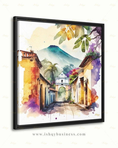 Antigua Guatemala Watercolor Canvas Wall Art, Santa Catalina Arch Framed Canvas Print, Central America Travel Painting, Living Room Decor