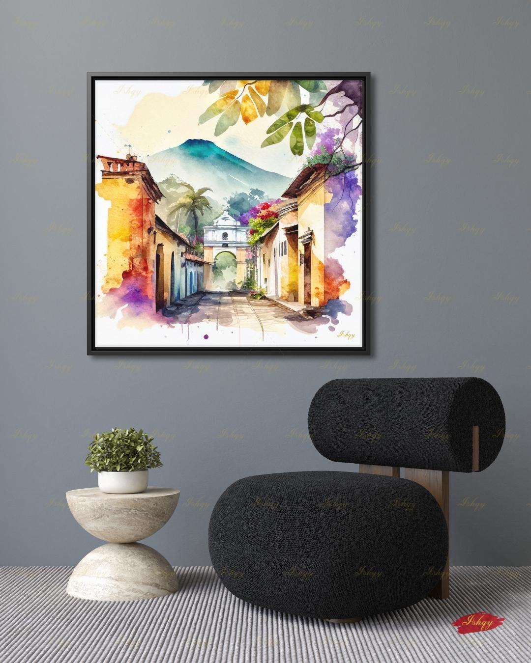 Antigua Guatemala Watercolor Canvas Wall Art, Santa Catalina Arch Framed Canvas Print, Central America Travel Painting, Living Room Decor