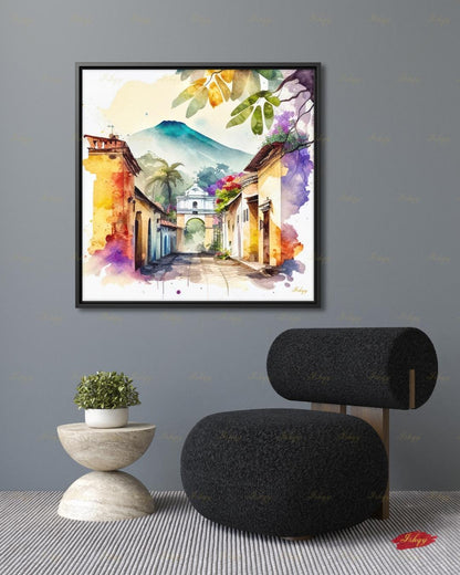 Antigua Guatemala Watercolor Canvas Wall Art, Santa Catalina Arch Framed Canvas Print, Central America Travel Painting, Living Room Decor