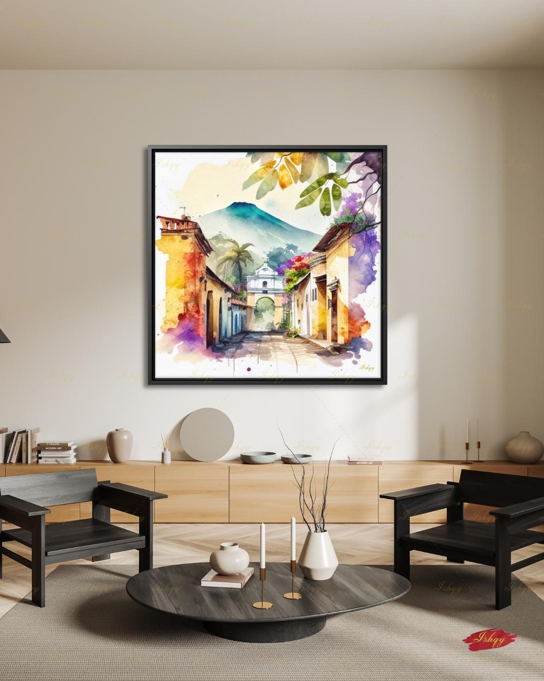 Antigua Guatemala Watercolor Canvas Wall Art, Santa Catalina Arch Framed Canvas Print, Central America Travel Painting, Living Room Decor
