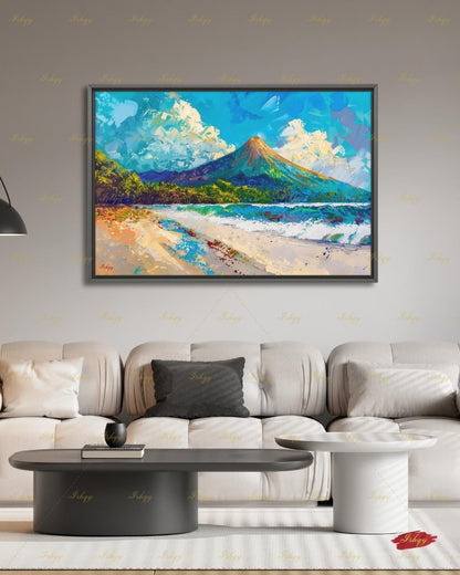 Arenal Volcano Costa Rica Art - Vibrant Tropical Beach and Jungle Landscape Painting for Adventure Inspired Home Decor and Travel Gifts