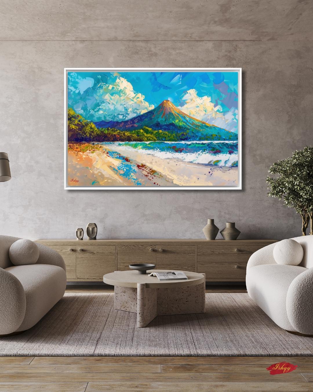 Arenal Volcano Costa Rica Wall Art Canvas Print, Tropical Beach Landscape Painting, Boho Coastal Home Decor, Living Room Artwork, Art Prints
