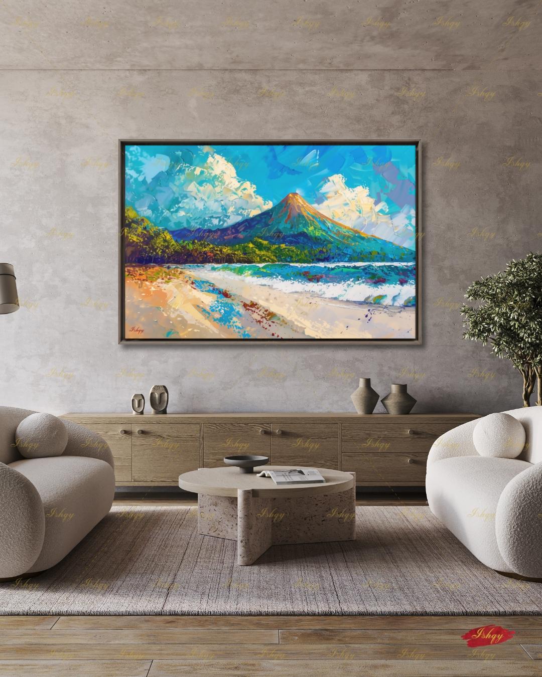 Arenal Volcano Costa Rica Art - Vibrant Tropical Beach and Jungle Landscape Painting for Adventure Inspired Home Decor and Travel Gifts