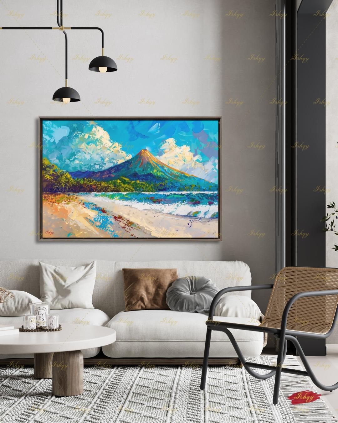 Arenal Volcano Costa Rica Art - Vibrant Tropical Beach and Jungle Landscape Painting for Adventure Inspired Home Decor and Travel Gifts