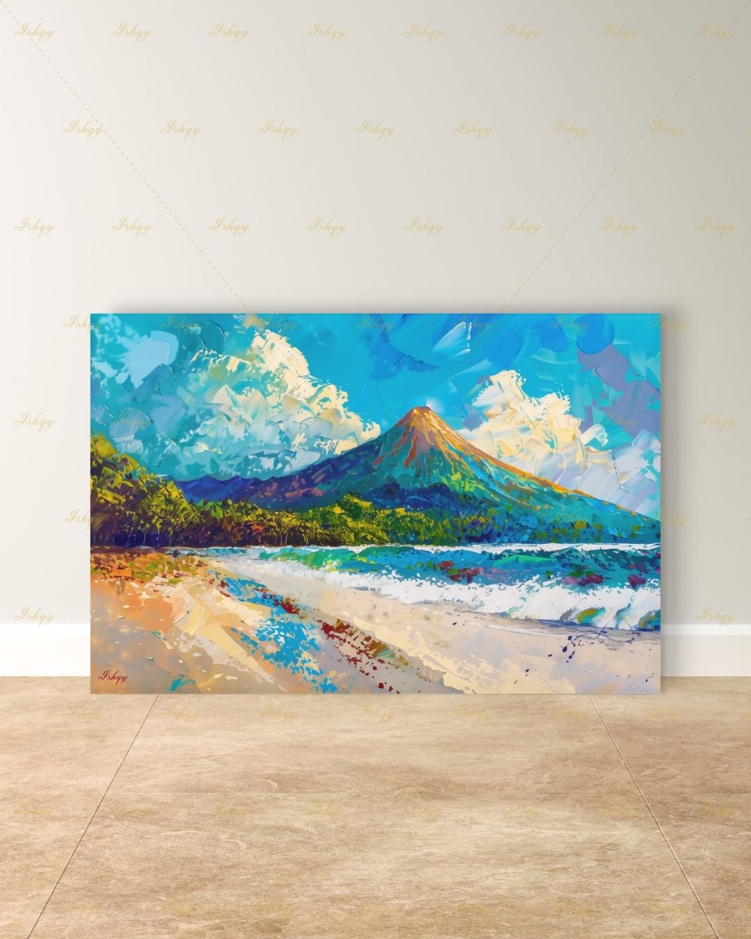 Arenal Volcano Costa Rica Art - Vibrant Tropical Beach and Jungle Landscape Painting for Adventure Inspired Home Decor and Travel Gifts