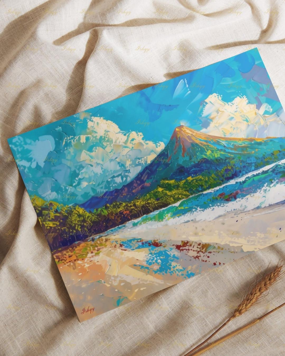 Arenal Volcano Costa Rica Art - Vibrant Tropical Beach and Jungle Landscape Painting for Adventure Inspired Home Decor and Travel Gifts