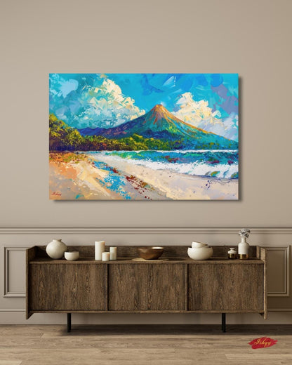 Arenal Volcano Costa Rica Wall Art Canvas Print, Tropical Beach Landscape Painting, Boho Coastal Home Decor, Living Room Artwork, Art Prints