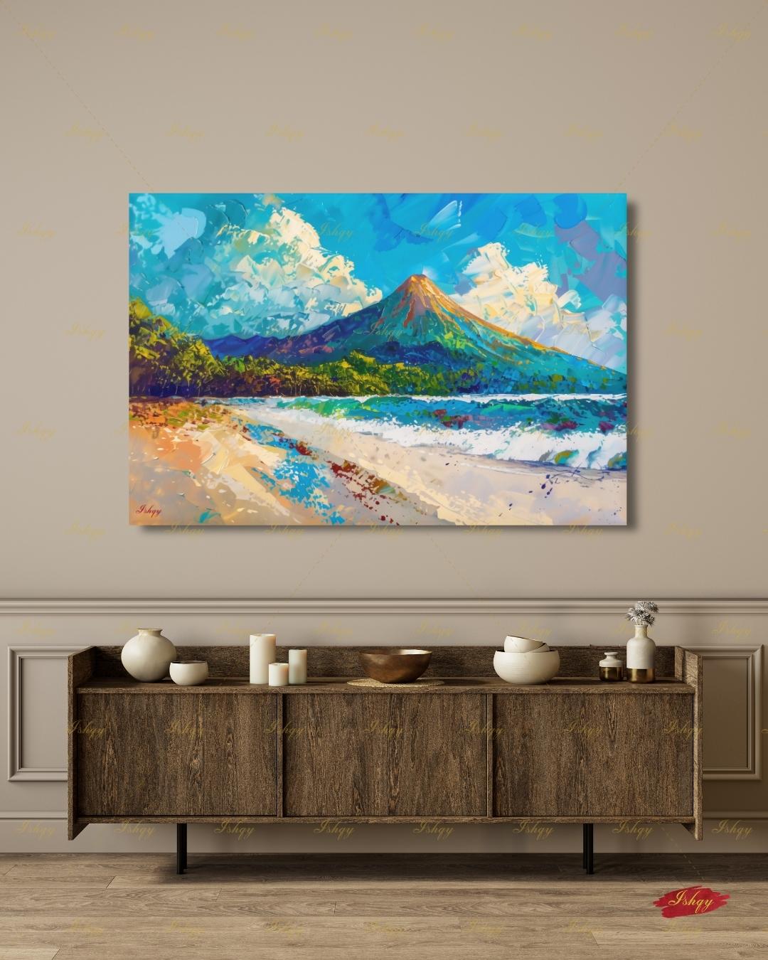 Arenal Volcano Costa Rica Art - Vibrant Tropical Beach and Jungle Landscape Painting for Adventure Inspired Home Decor and Travel Gifts