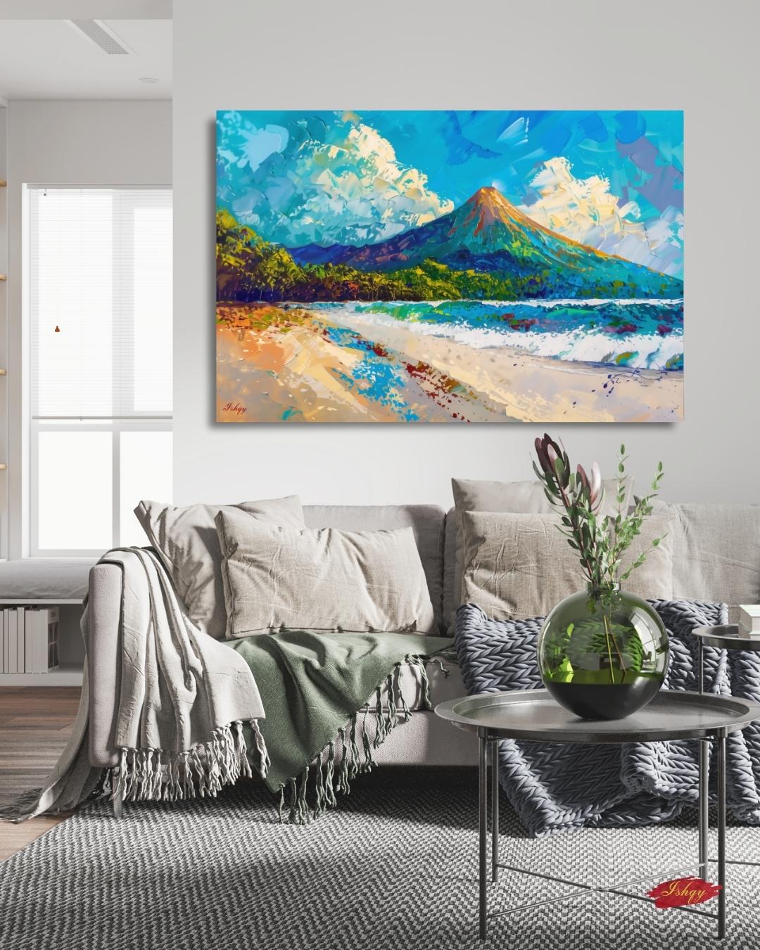 Arenal Volcano Costa Rica Wall Art Canvas Print, Tropical Beach Landscape Painting, Boho Coastal Home Decor, Living Room Artwork, Art Prints