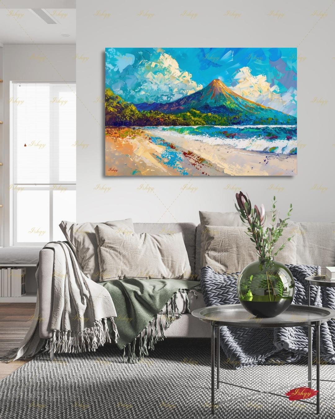 Arenal Volcano Costa Rica Art - Vibrant Tropical Beach and Jungle Landscape Painting for Adventure Inspired Home Decor and Travel Gifts