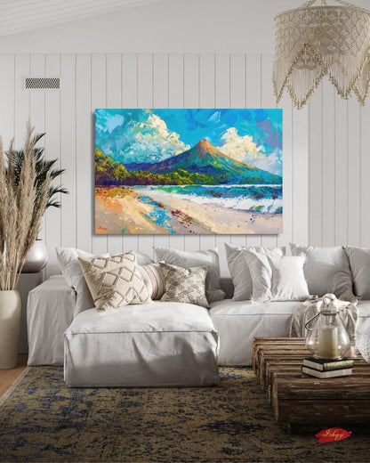Arenal Volcano Costa Rica Wall Art Canvas Print, Tropical Beach Landscape Painting, Boho Coastal Home Decor, Living Room Artwork, Art Prints