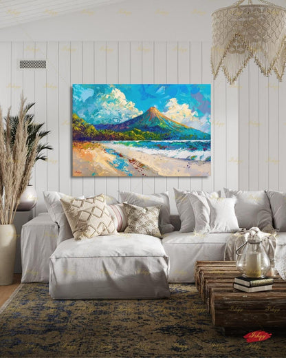 Arenal Volcano Costa Rica Art - Vibrant Tropical Beach and Jungle Landscape Painting for Adventure Inspired Home Decor and Travel Gifts