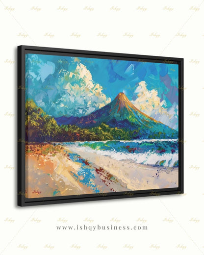 Arenal Volcano Costa Rica Art - Vibrant Tropical Beach and Jungle Landscape Painting for Adventure Inspired Home Decor and Travel Gifts