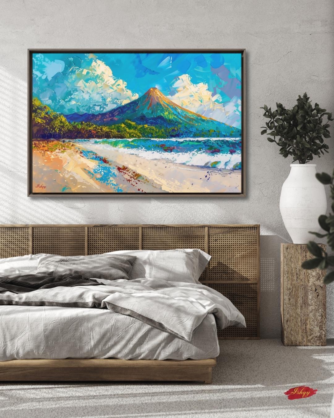 Arenal Volcano Costa Rica Wall Art Canvas Print, Tropical Beach Landscape Painting, Boho Coastal Home Decor, Living Room Artwork, Art Prints