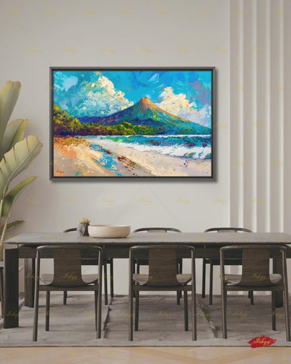 Arenal Volcano Costa Rica Art - Vibrant Tropical Beach and Jungle Landscape Painting for Adventure Inspired Home Decor and Travel Gifts