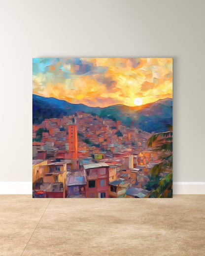 Medellin Cityscape Painting Canvas Framed Canvas, Sunset Skyline Art Print, Colombia Wall Art For Living Room, Modern City Wall Decor, Home