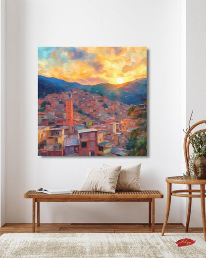 Medellin Cityscape Painting Canvas Framed Canvas, Sunset Skyline Art Print, Colombia Wall Art For Living Room, Modern City Wall Decor, Home