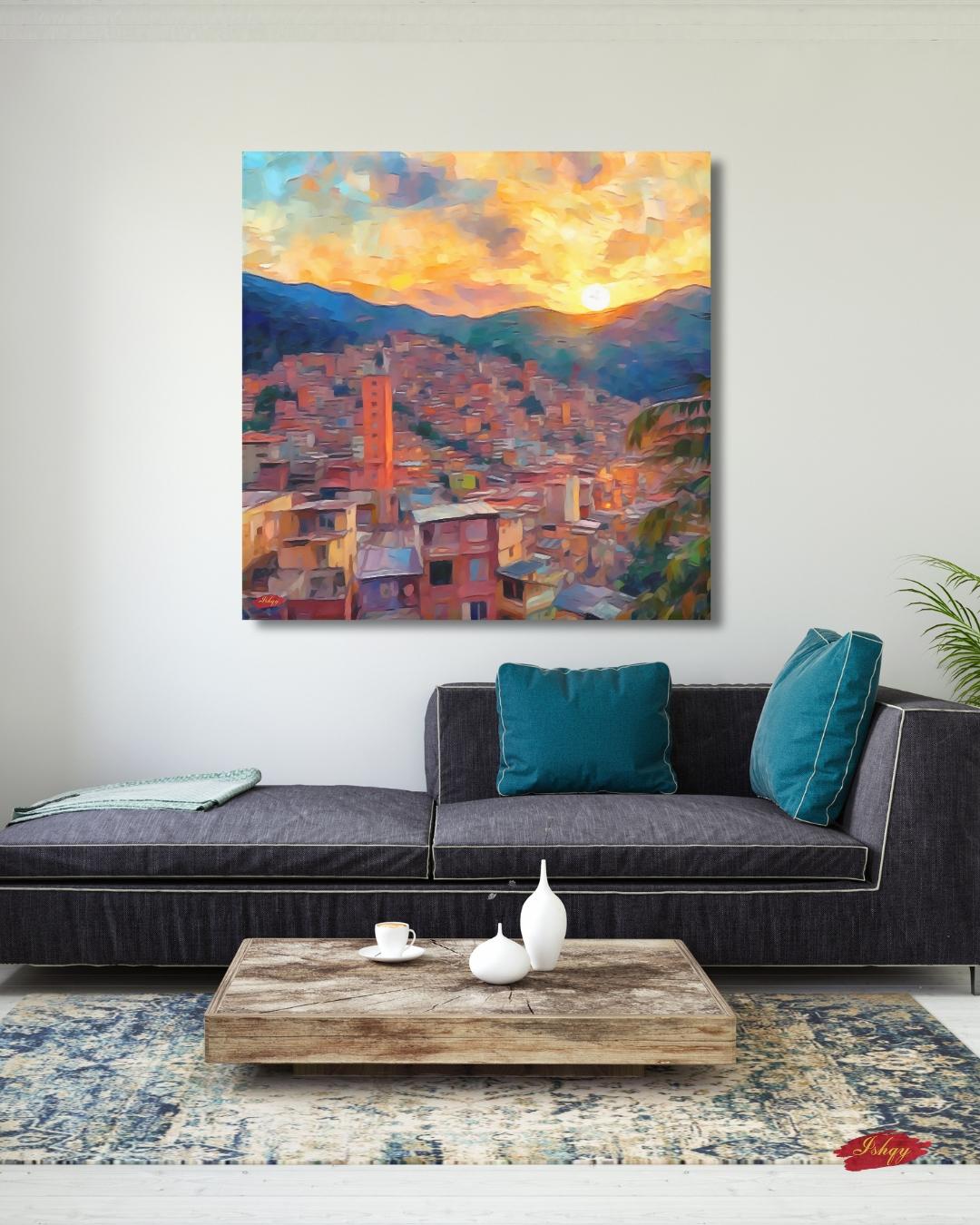 Medellin Cityscape Painting Canvas Framed Canvas, Sunset Skyline Art Print, Colombia Wall Art For Living Room, Modern City Wall Decor, Home