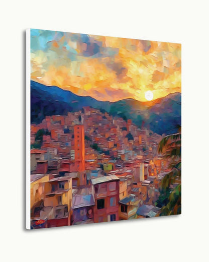 Medellin Cityscape Painting Canvas Framed Canvas, Sunset Skyline Art Print, Colombia Wall Art For Living Room, Modern City Wall Decor, Home