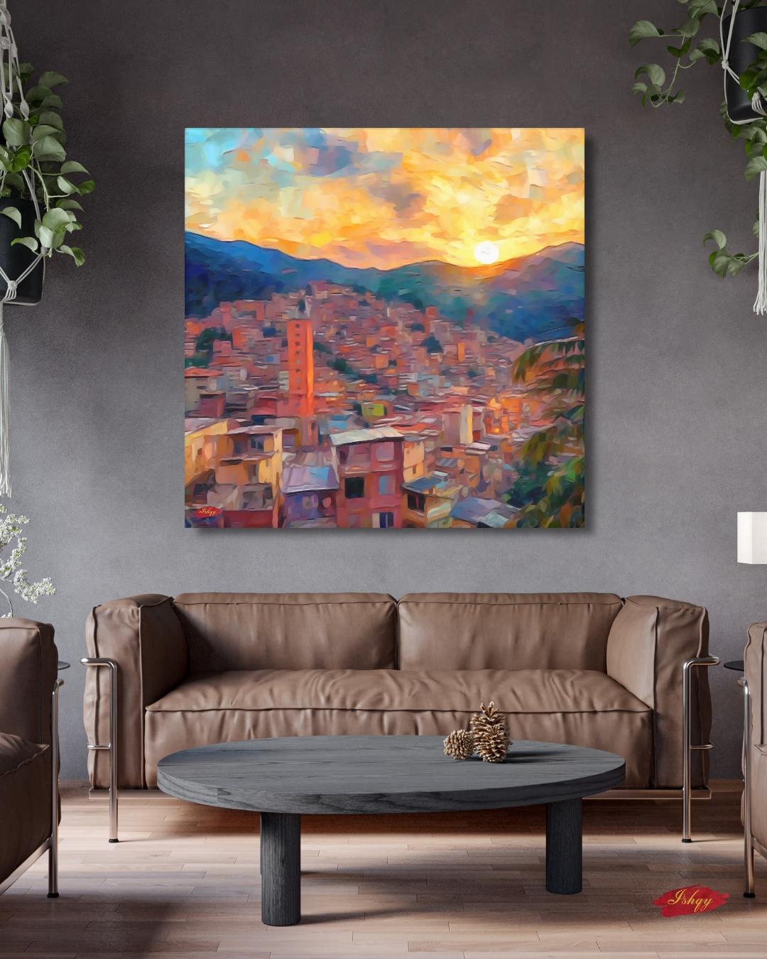 Medellin Cityscape Painting Canvas Framed Canvas, Sunset Skyline Art Print, Colombia Wall Art For Living Room, Modern City Wall Decor, Home