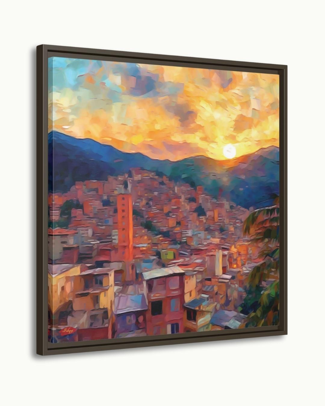 Medellin Cityscape Painting Canvas Framed Canvas, Sunset Skyline Art Print, Colombia Wall Art For Living Room, Modern City Wall Decor, Home