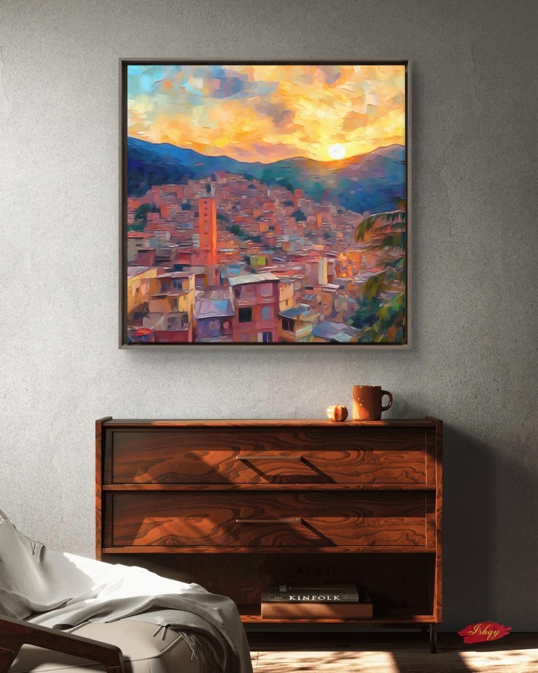 Medellin Cityscape Painting Canvas Framed Canvas, Sunset Skyline Art Print, Colombia Wall Art For Living Room, Modern City Wall Decor, Home