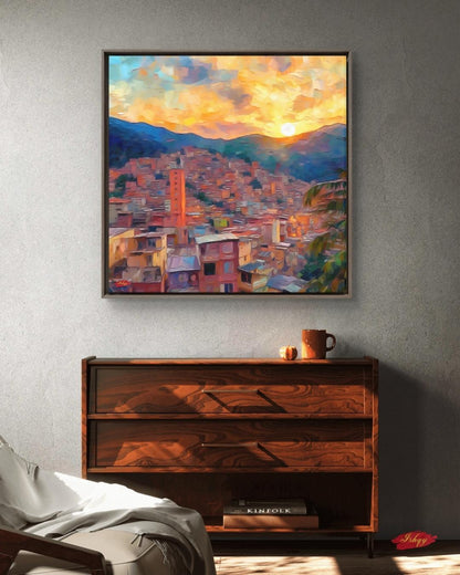 Medellin Cityscape Painting Canvas Framed Canvas, Sunset Skyline Art Print, Colombia Wall Art For Living Room, Modern City Wall Decor, Home