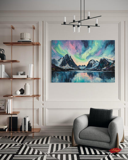 Northern Lights Painting Print, Canvas & Framed Canvas Aurora Borealis Wall Art, Arctic Mountain Landscape Home Decor Art Print